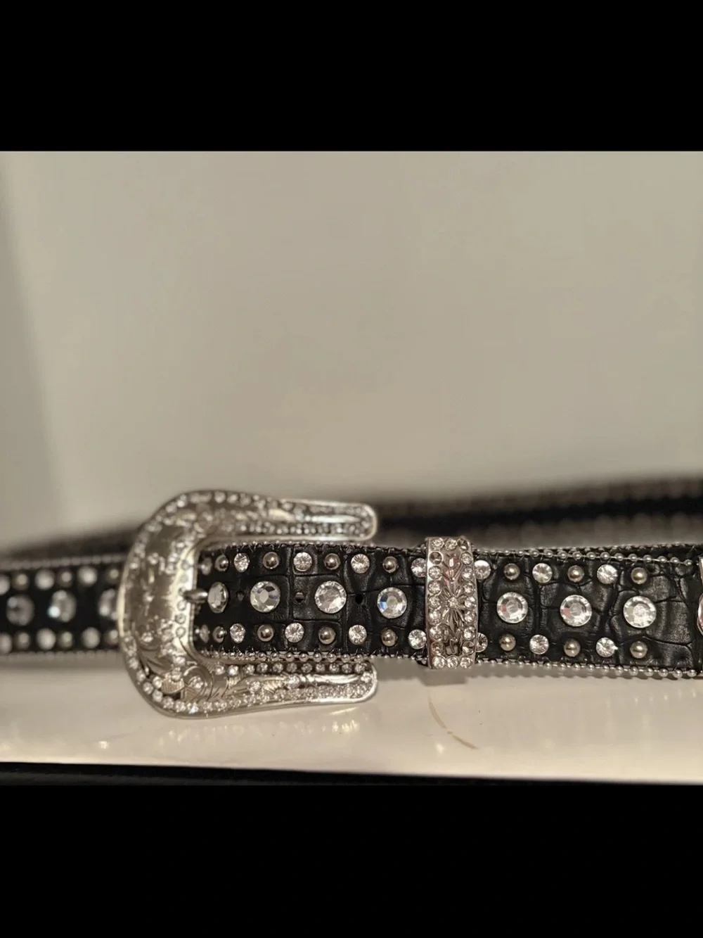 Black Leather W/Silver Finish Buckle Western Cowgirl Crystal Studded Belt Sz XI
